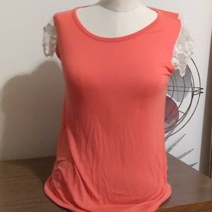 Twenty second coral short sleeve top with lace cap sleeves
